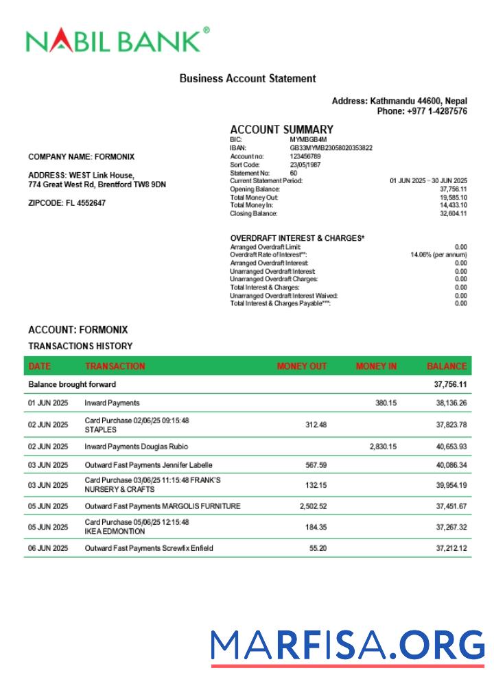 Printable Nabil enterprise account statement Word and PDF format (1) template